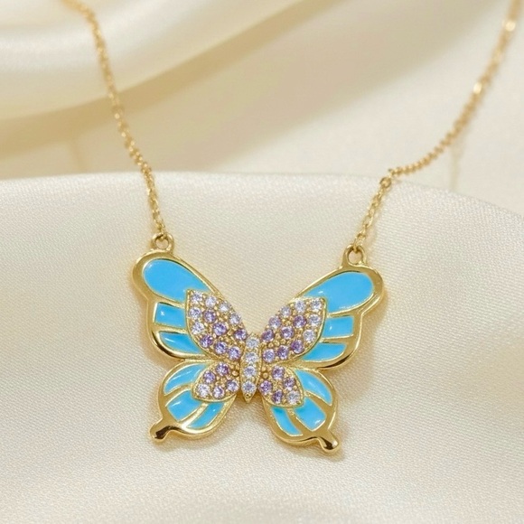 Jewelry - Amethyst Cubic Zirconia, 14k Gold Plated  Blue Enamel Butterfly Pendant Necklace